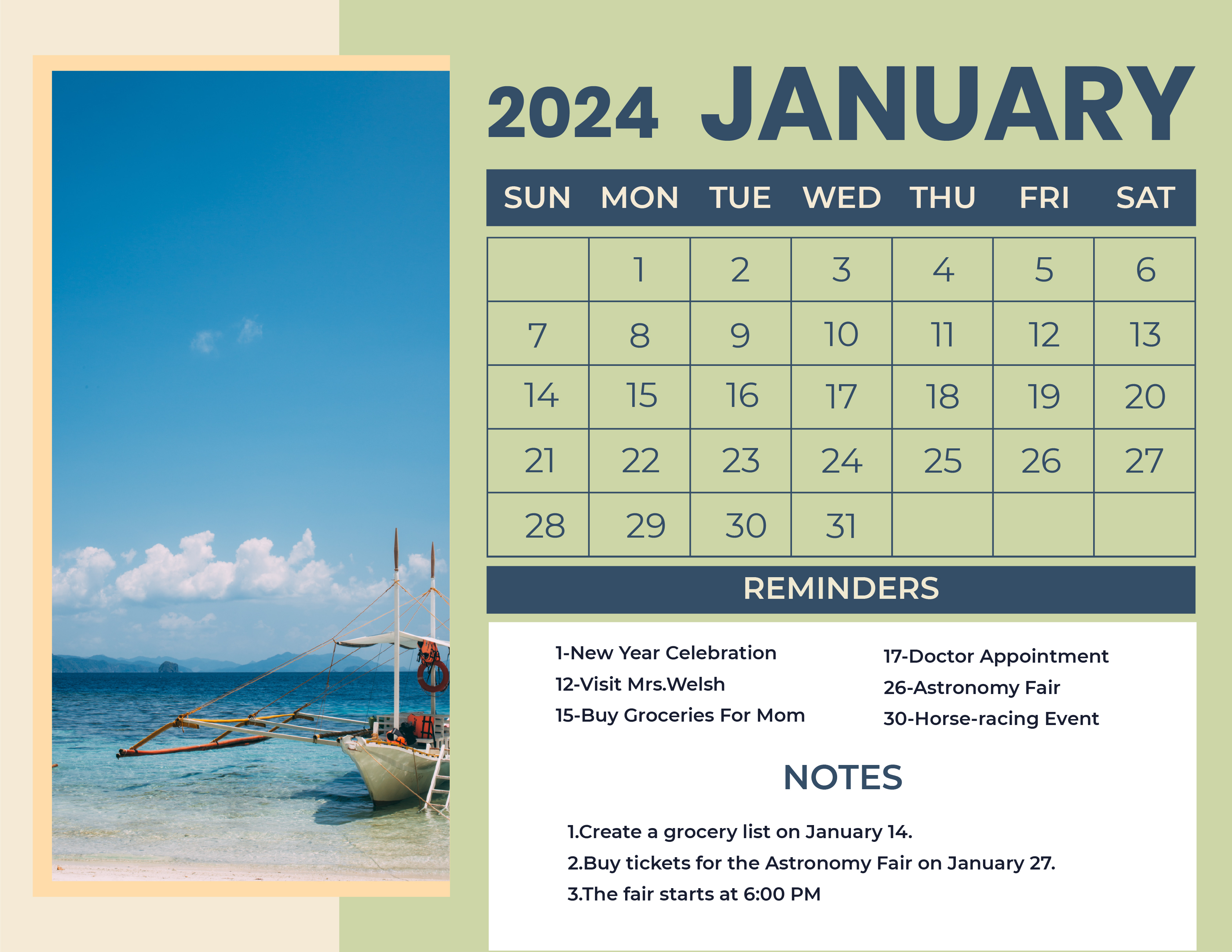 Cute January 2024 Calendar Download in Word, Illustrator, EPS, SVG