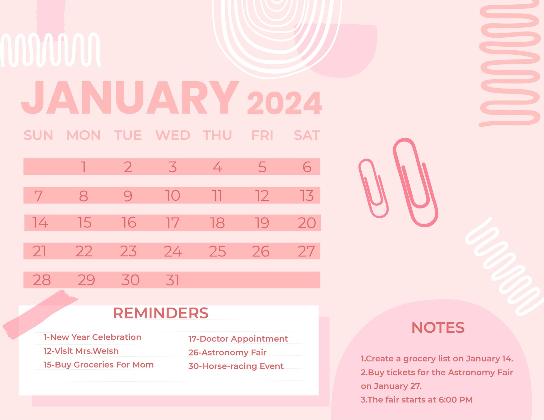 Pink January 2024 Calendar