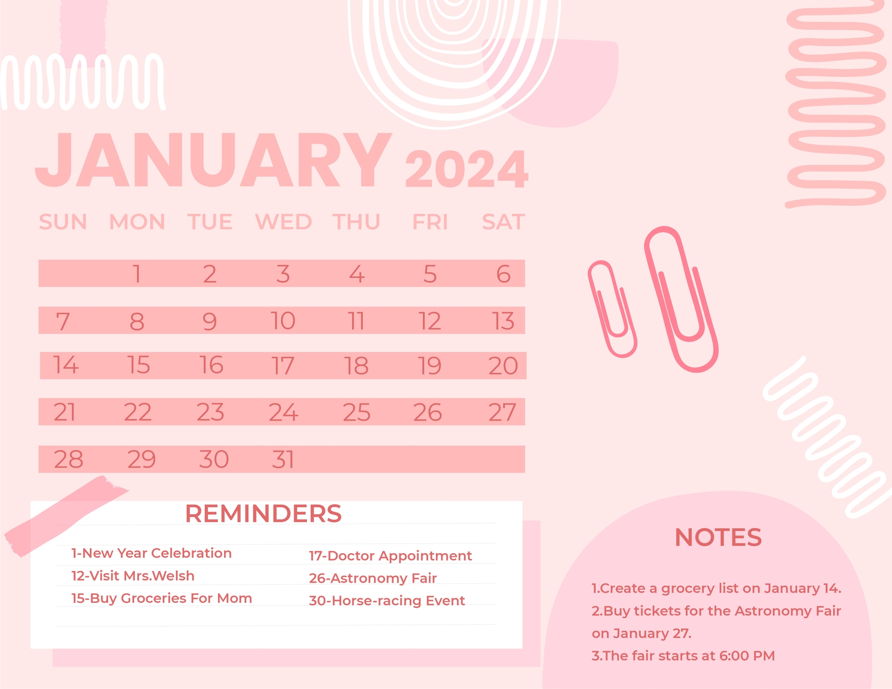 Pink January 2024 Calendar in EPS, Illustrator, JPG, Word, SVG - Download | Template.net