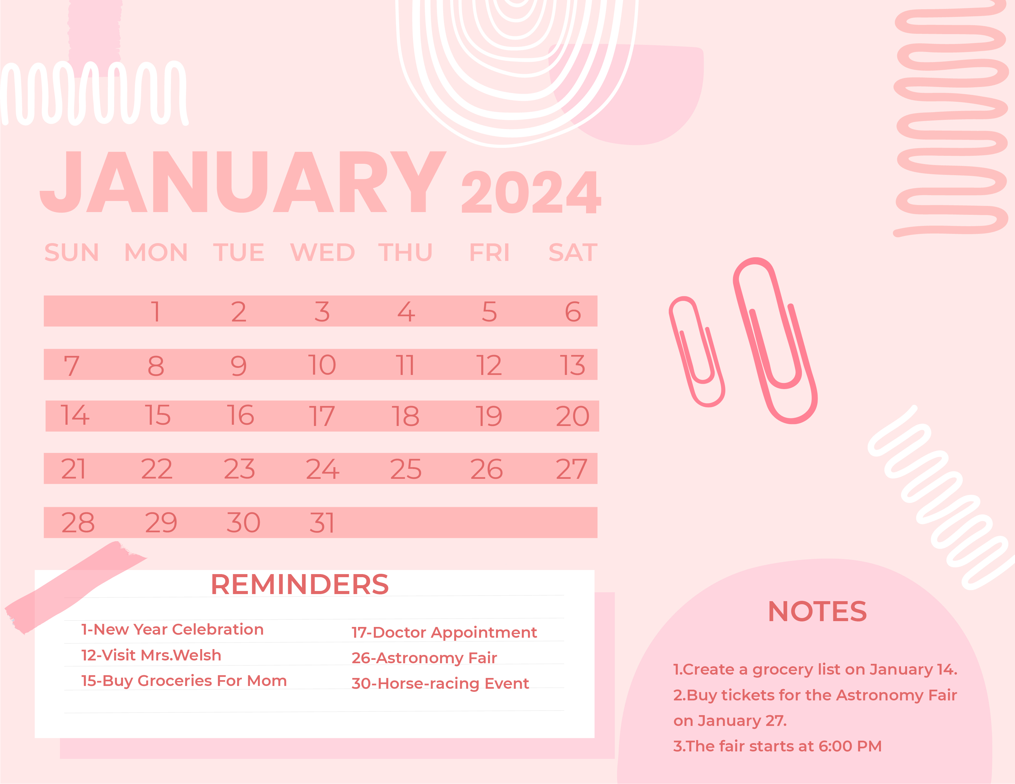 Cute January 2024 Calendar - Download in Word, Illustrator, EPS, SVG ...