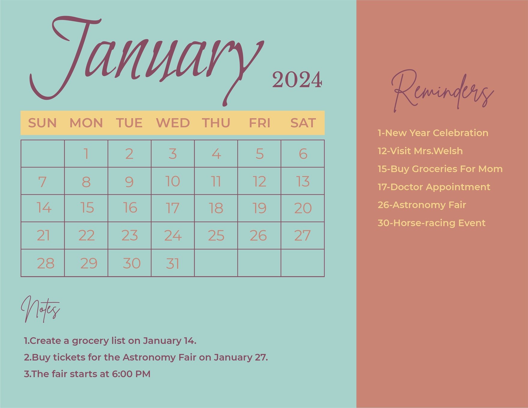 Calligraphy January 2024 Calendar