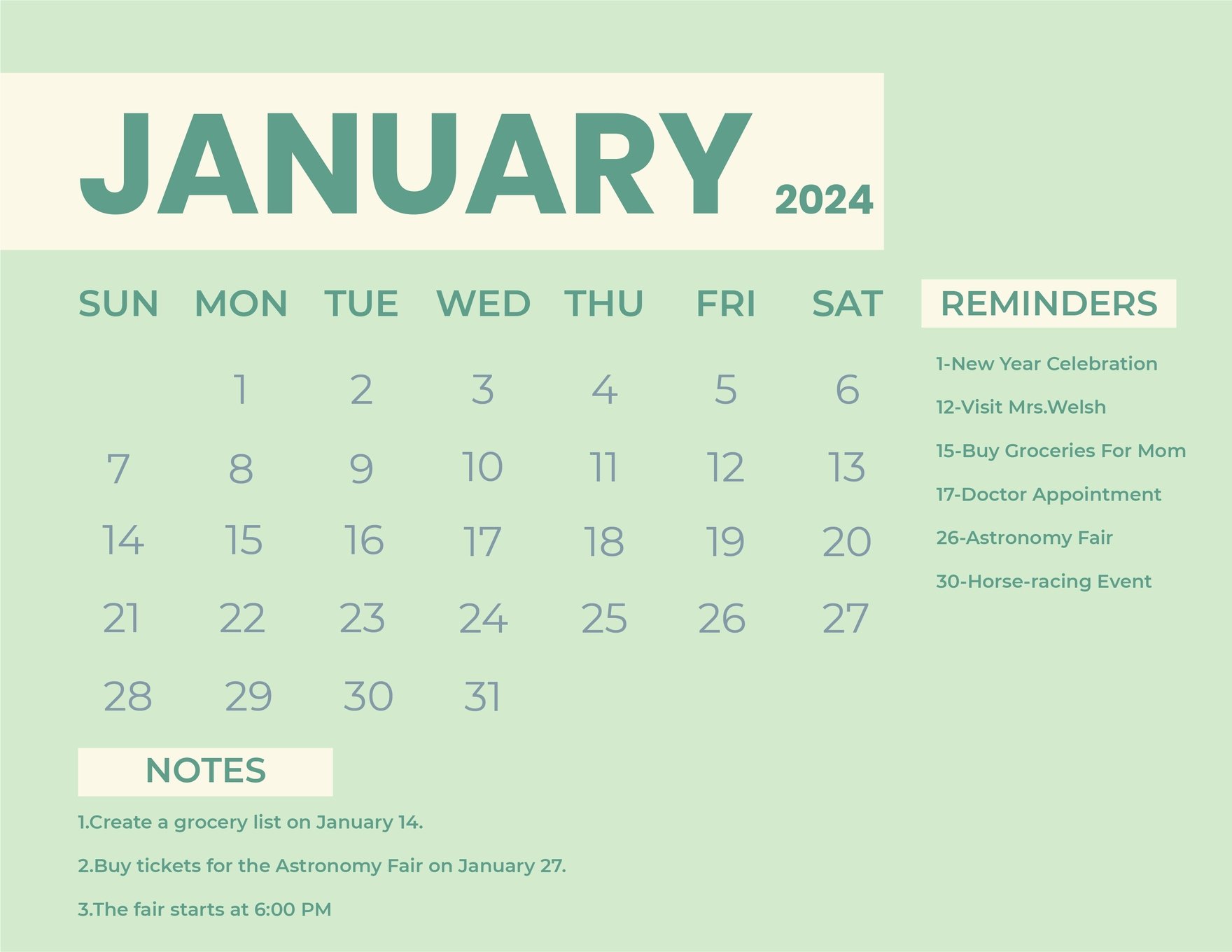 Simple January 2024 Calendar 