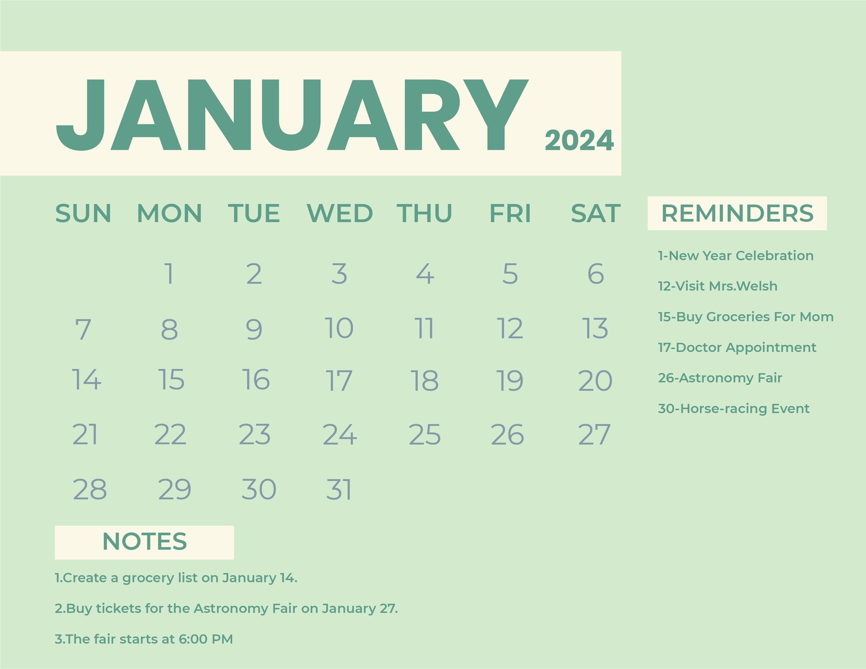 Simple January 2024 Calendar  in EPS, Illustrator, JPG, Word, SVG - Download | Template.net