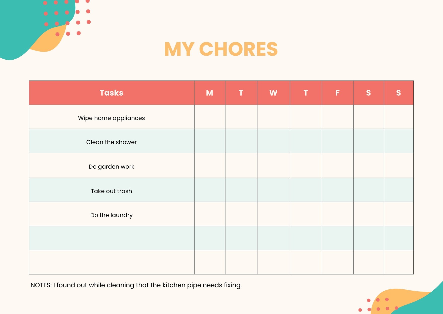 Colorful Adult Chore Chart in PDF, Illustrator