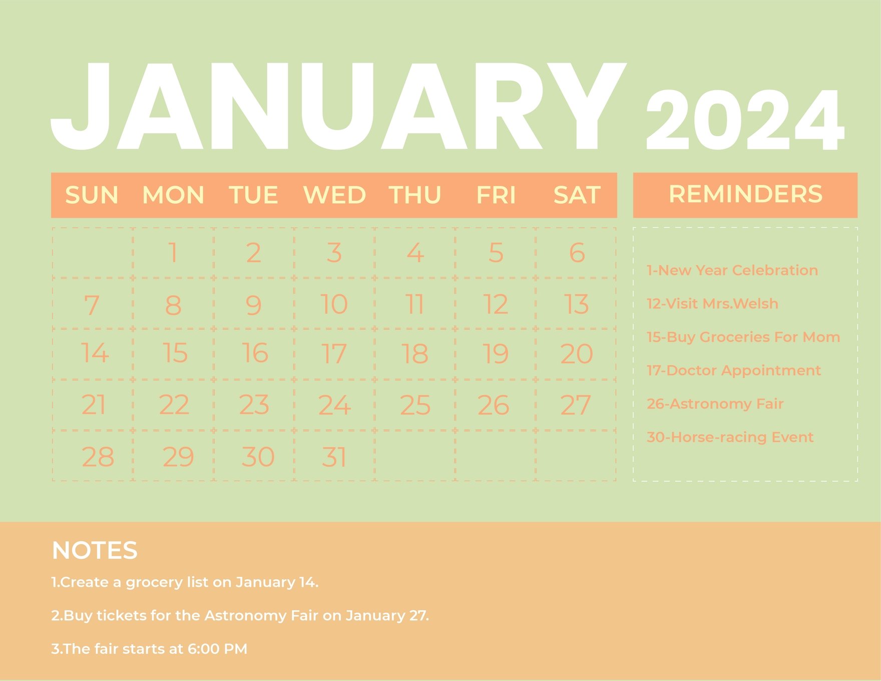 Printable January 2024 Monthly Calendar