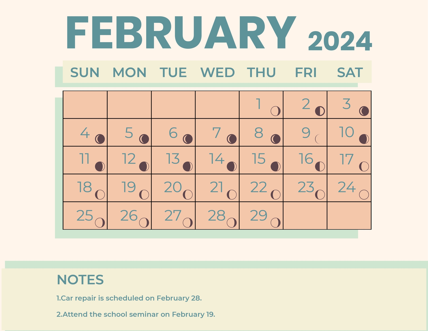 February 2024 Calendar With Moon Phases EPS Illustrator JPG Word SVG Template