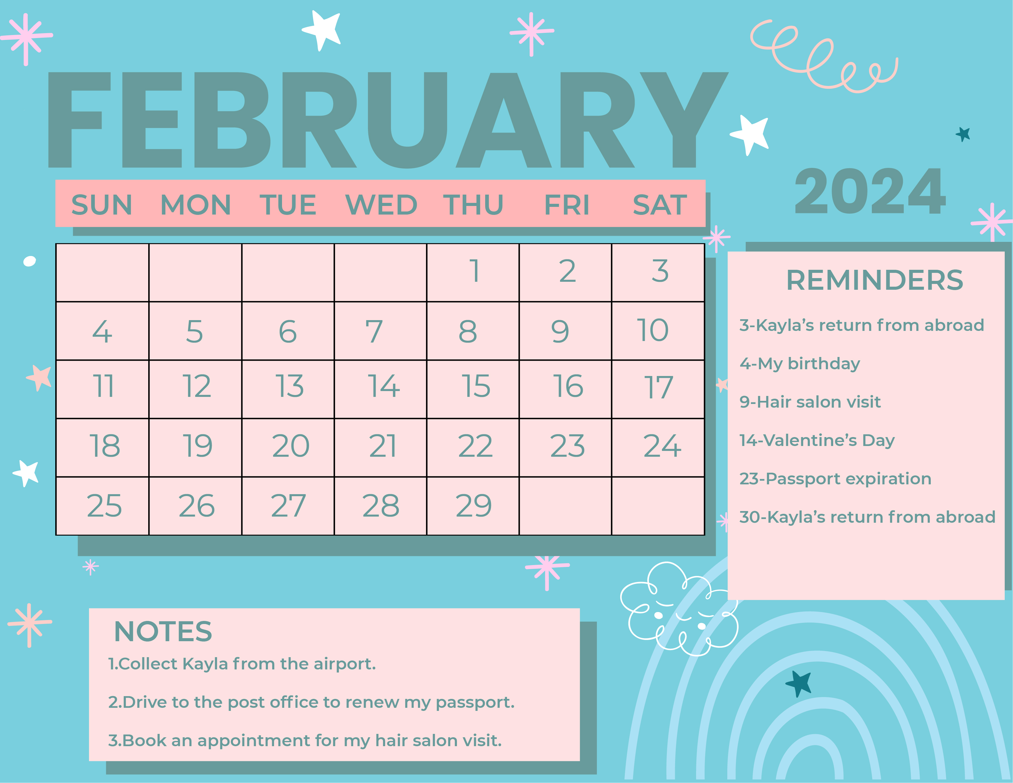 Pink February 2024 Calendar Download in Word, Illustrator, EPS, SVG