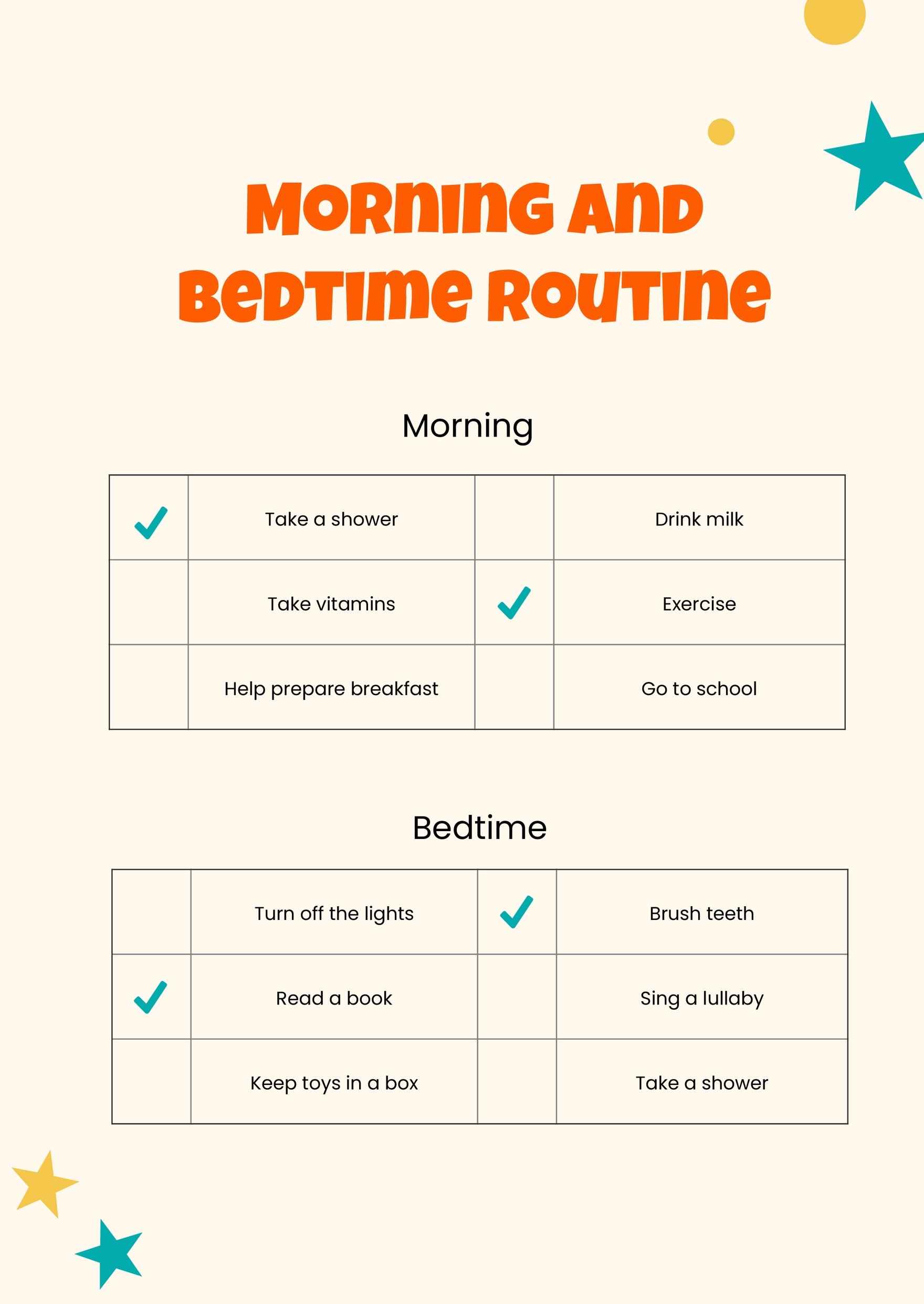 Kids Morning Bedtime Routine Chart in PDF, Illustrator