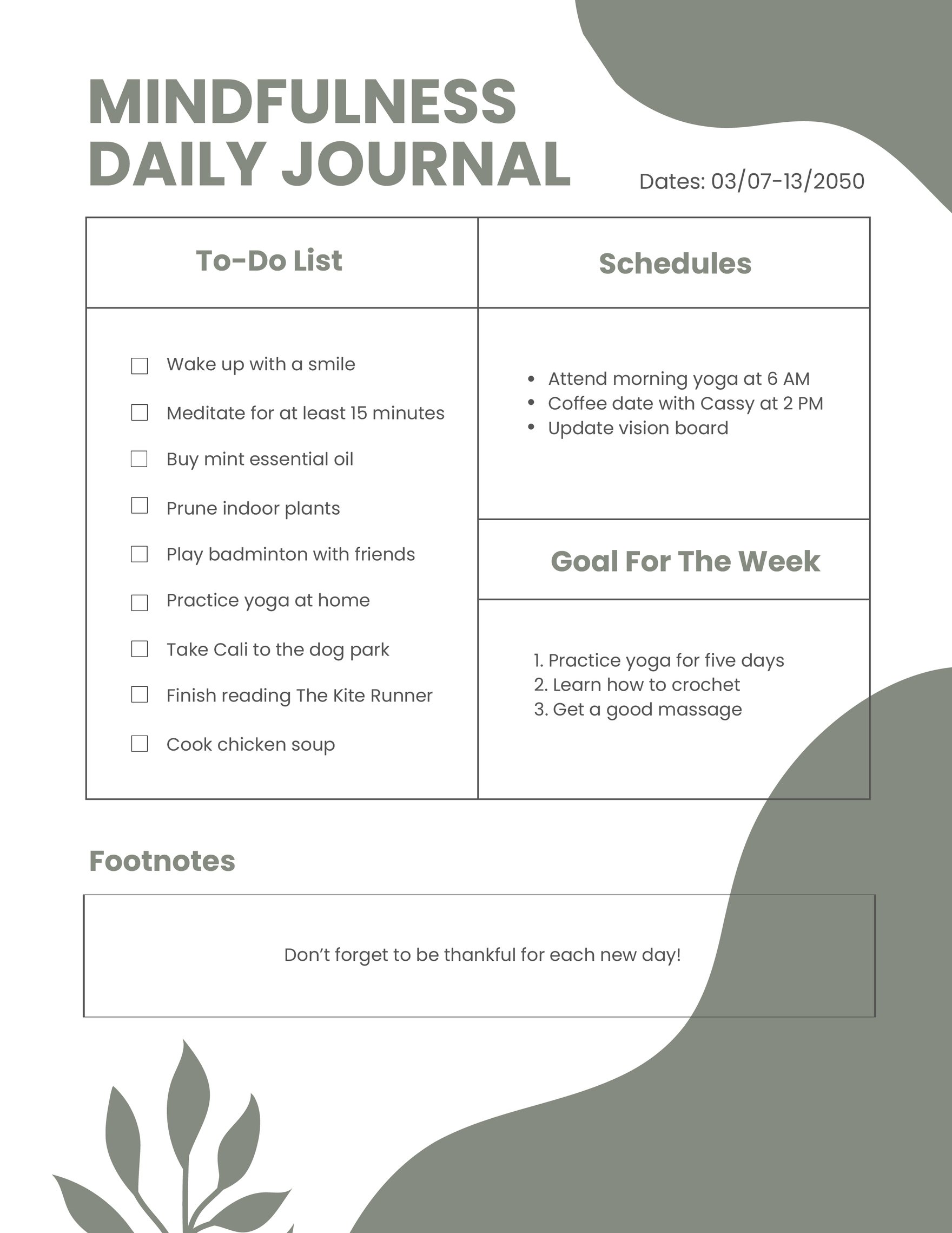 Wellbeing Diary Template