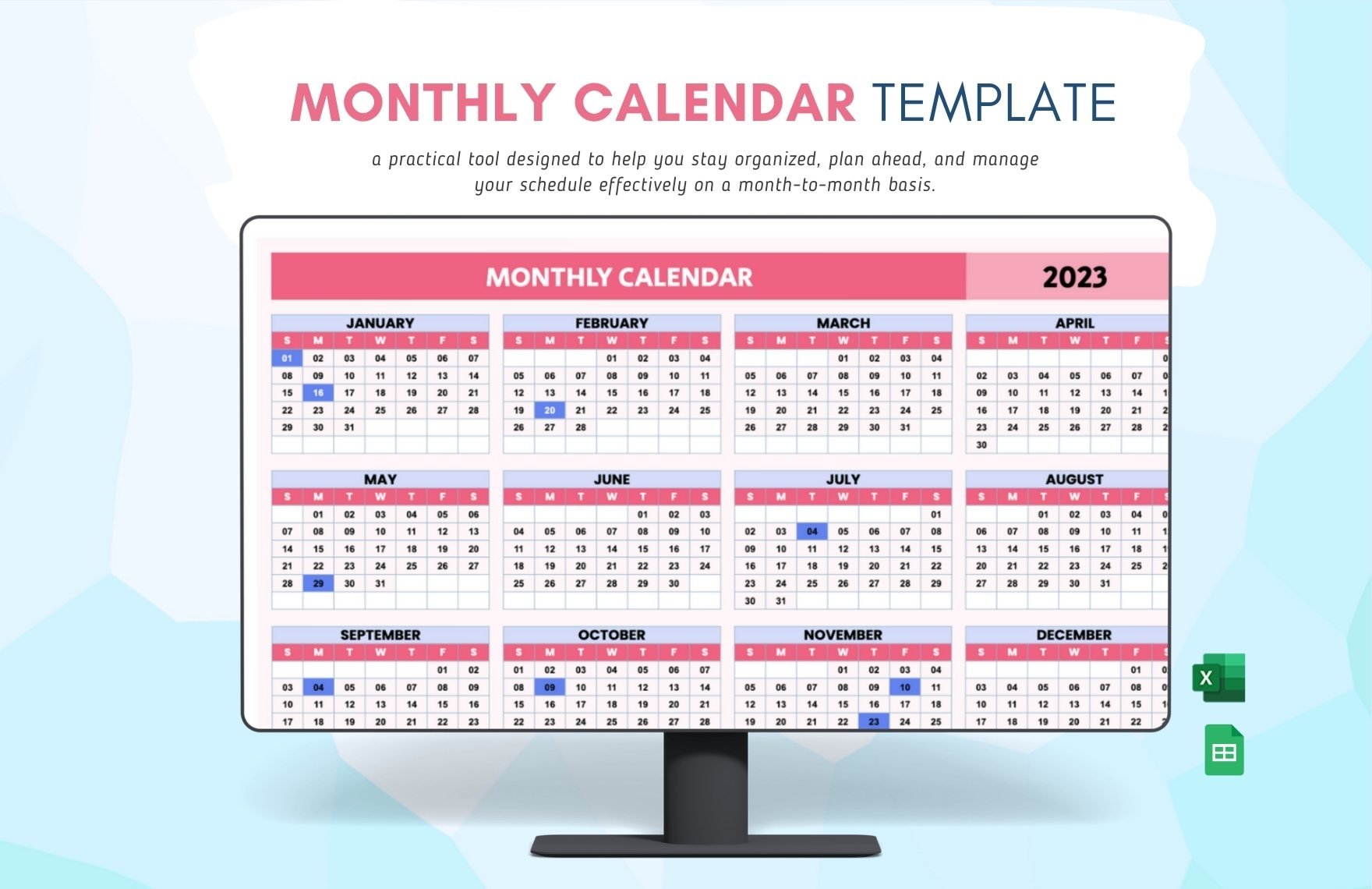 Free Monthly Calendar Template in Excel, Google Sheets