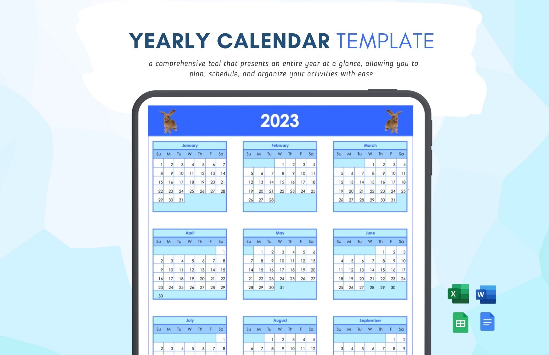 Yearly Calendar Template in Word, Google Docs, Excel, Google Sheets