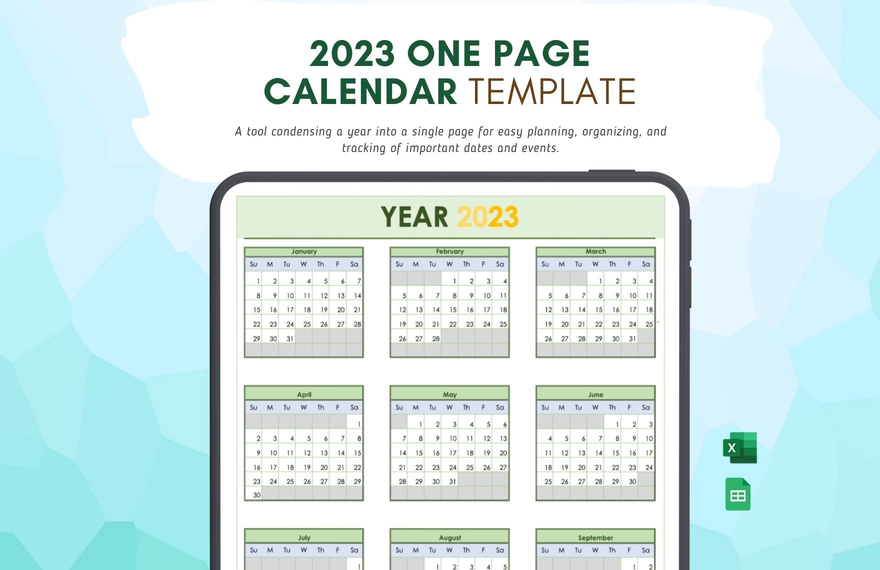2023 One Page Calendar in Excel, Google Sheets