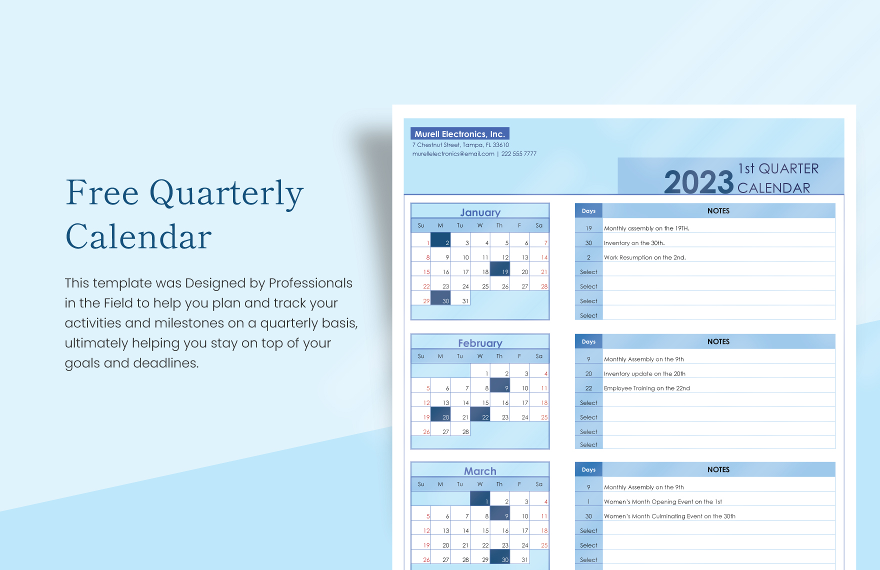 Quarterly Calendar in Excel, Google Sheets Download