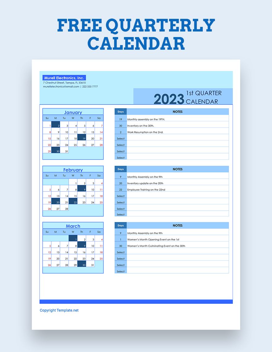 Free Quarterly Calendar Google Sheets, Excel