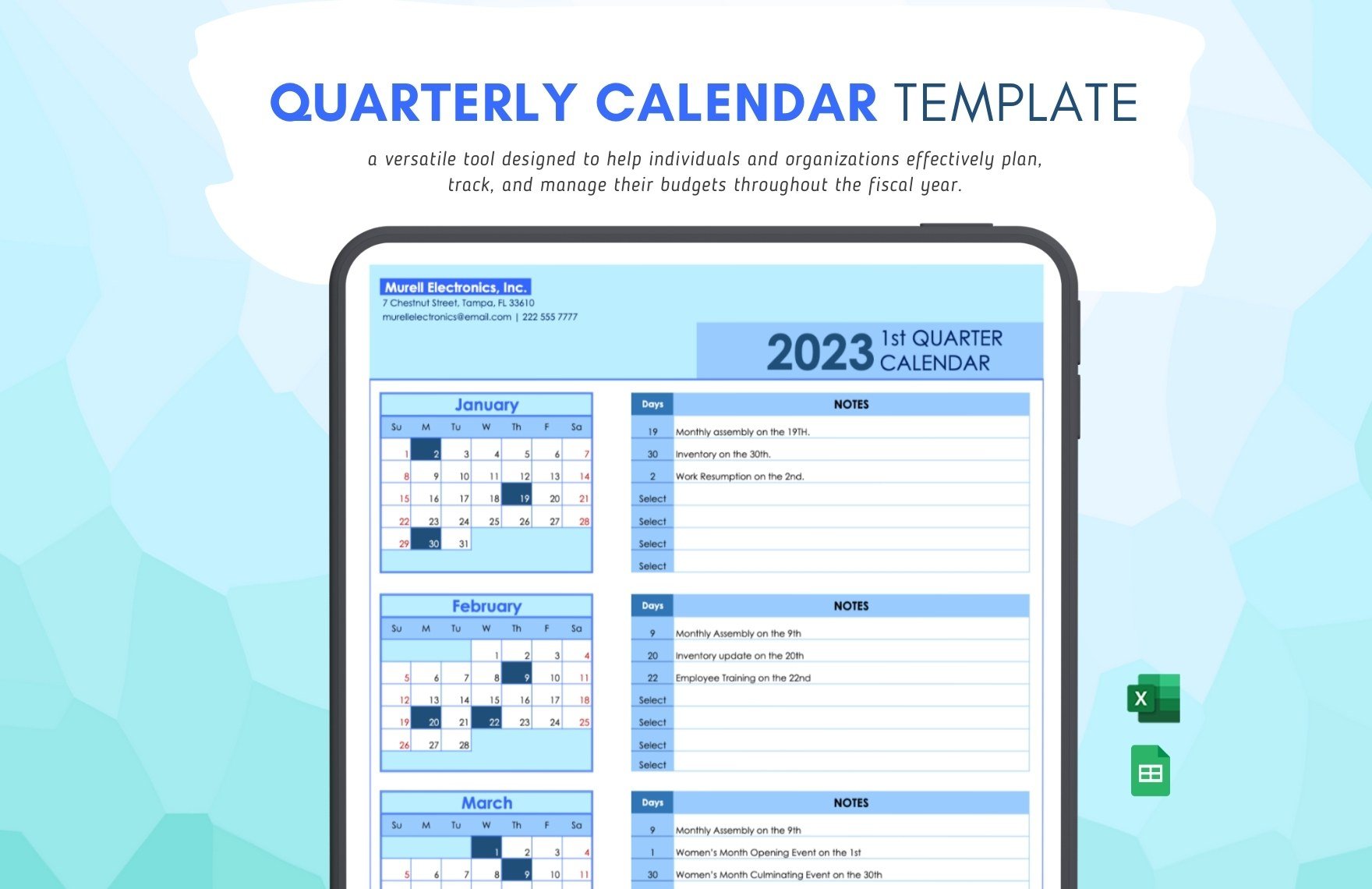 Quarterly Calendar Template in Excel, Google Sheets