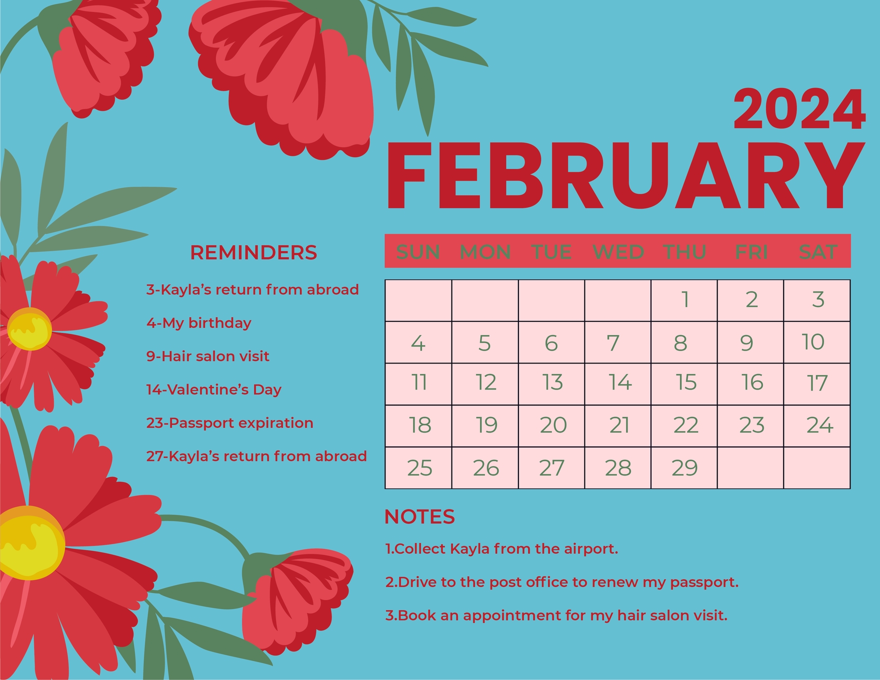 Floral February 2023 Calendar Template Illustrator Word PSD 