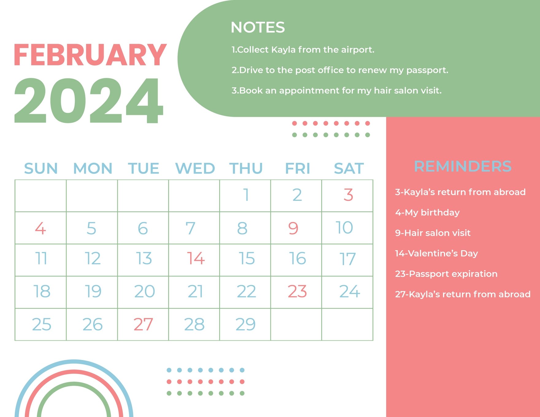 Colorful February 2024 Calendar