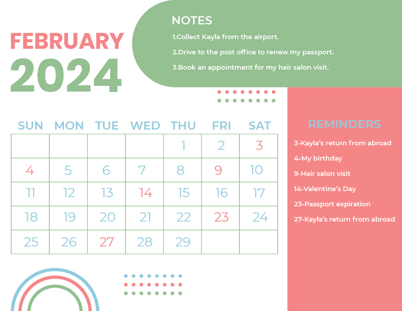 Pink February 2024 Calendar - Download in Word, Illustrator, EPS, SVG ...