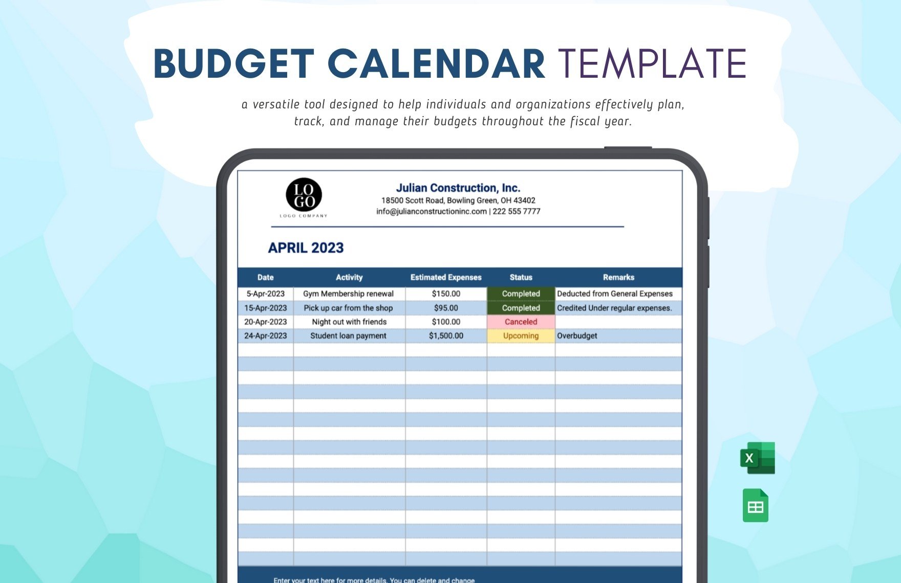 Budget Calendar Template in Excel, Google Sheets