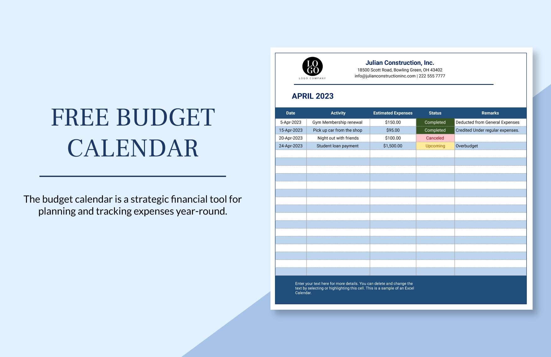 Free Budget Calendar Excel, Google Sheets