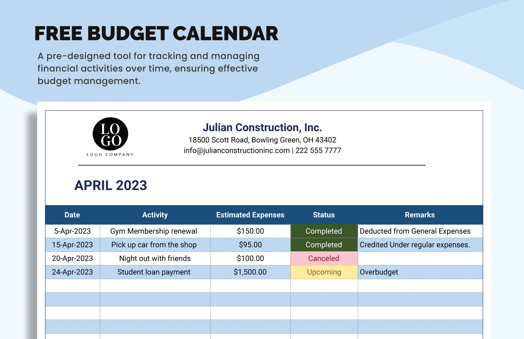 Free Budget Calendar