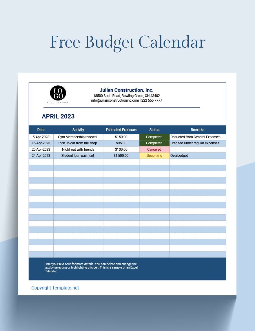 Free Budget Calendar Google Sheets, Excel
