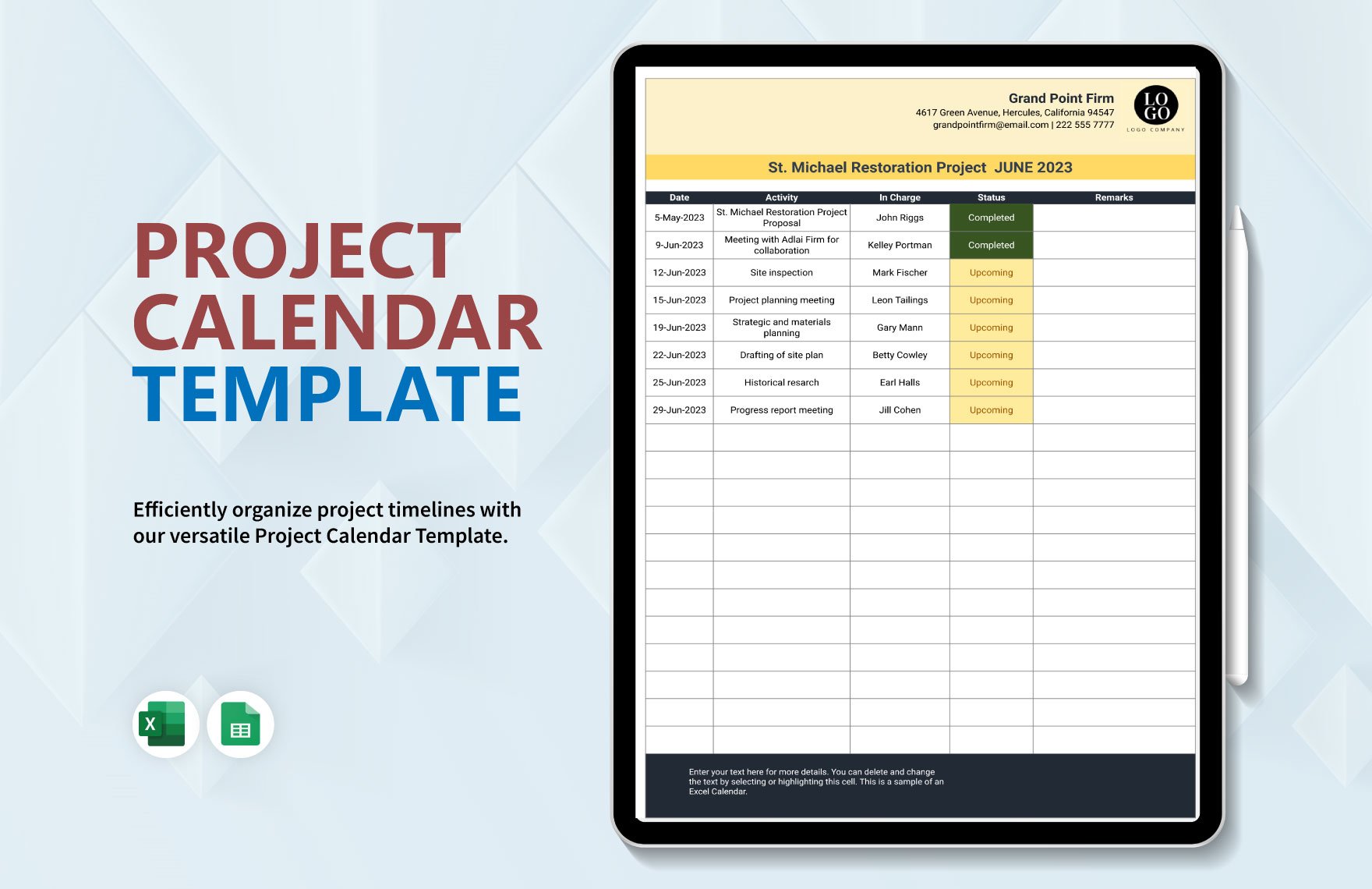 Project Calendar in Excel, Google Sheets