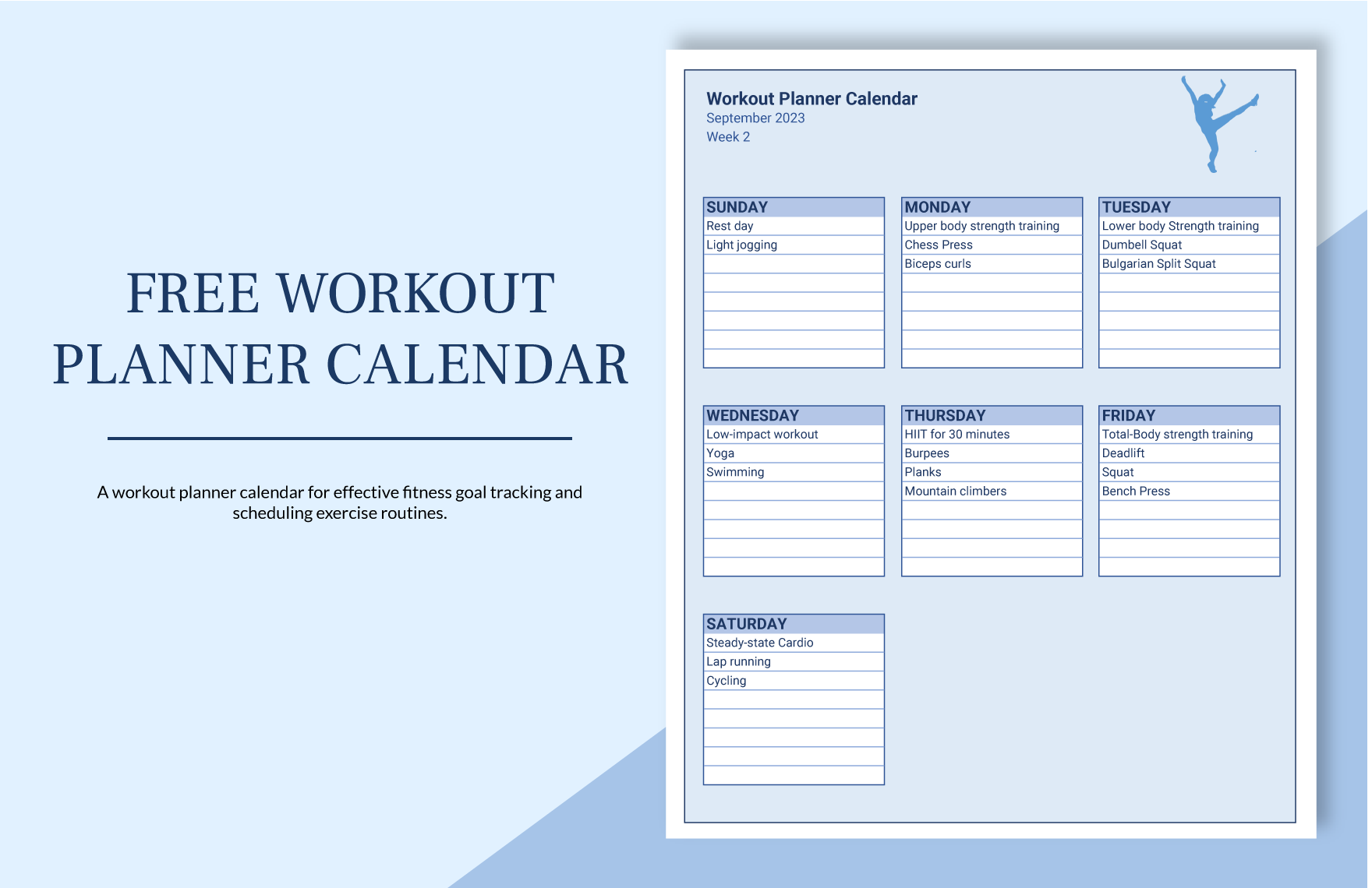 Free Workout Planner Calendar Google Sheets, Excel