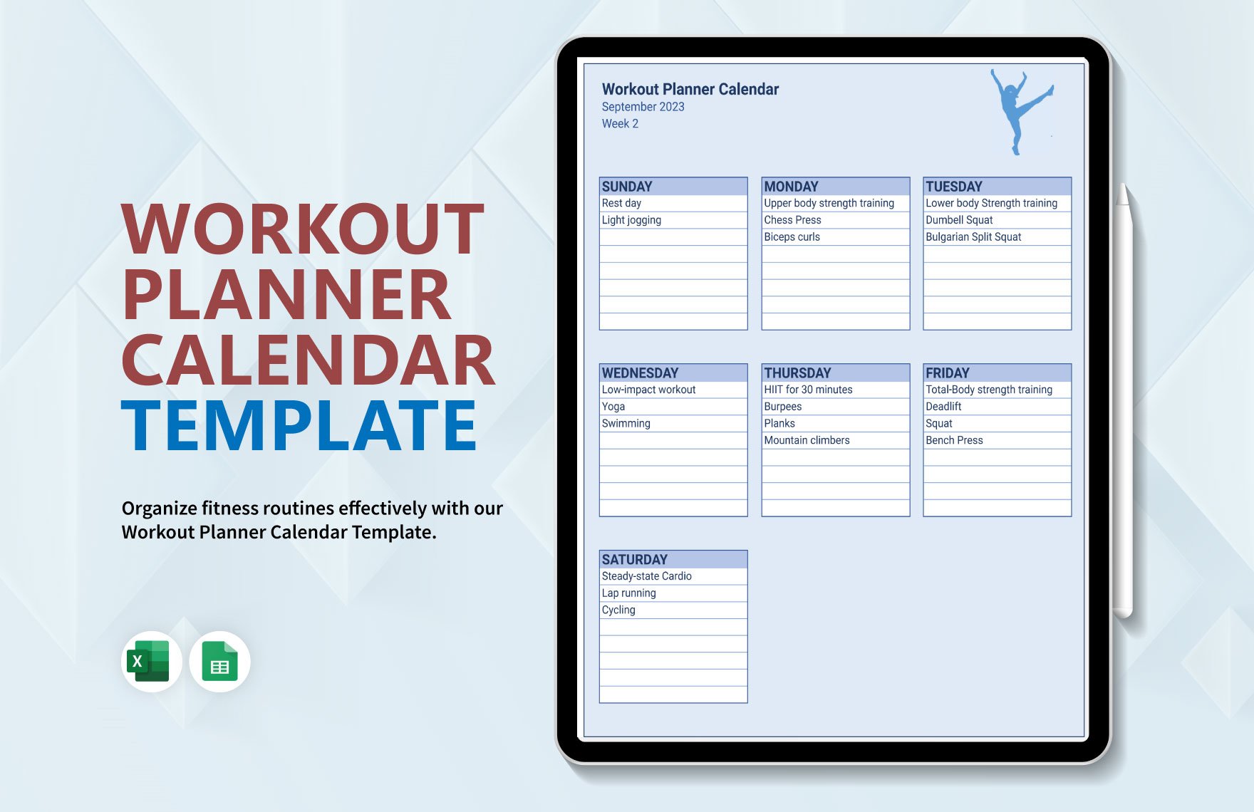 Workout Planner Calendar in Excel, Google Sheets