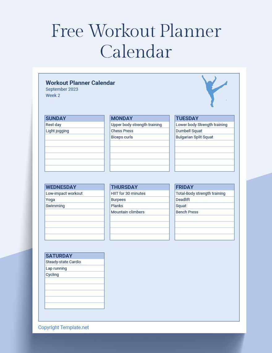 Free Workout Planner Calendar - Google Sheets, Excel | Template.net