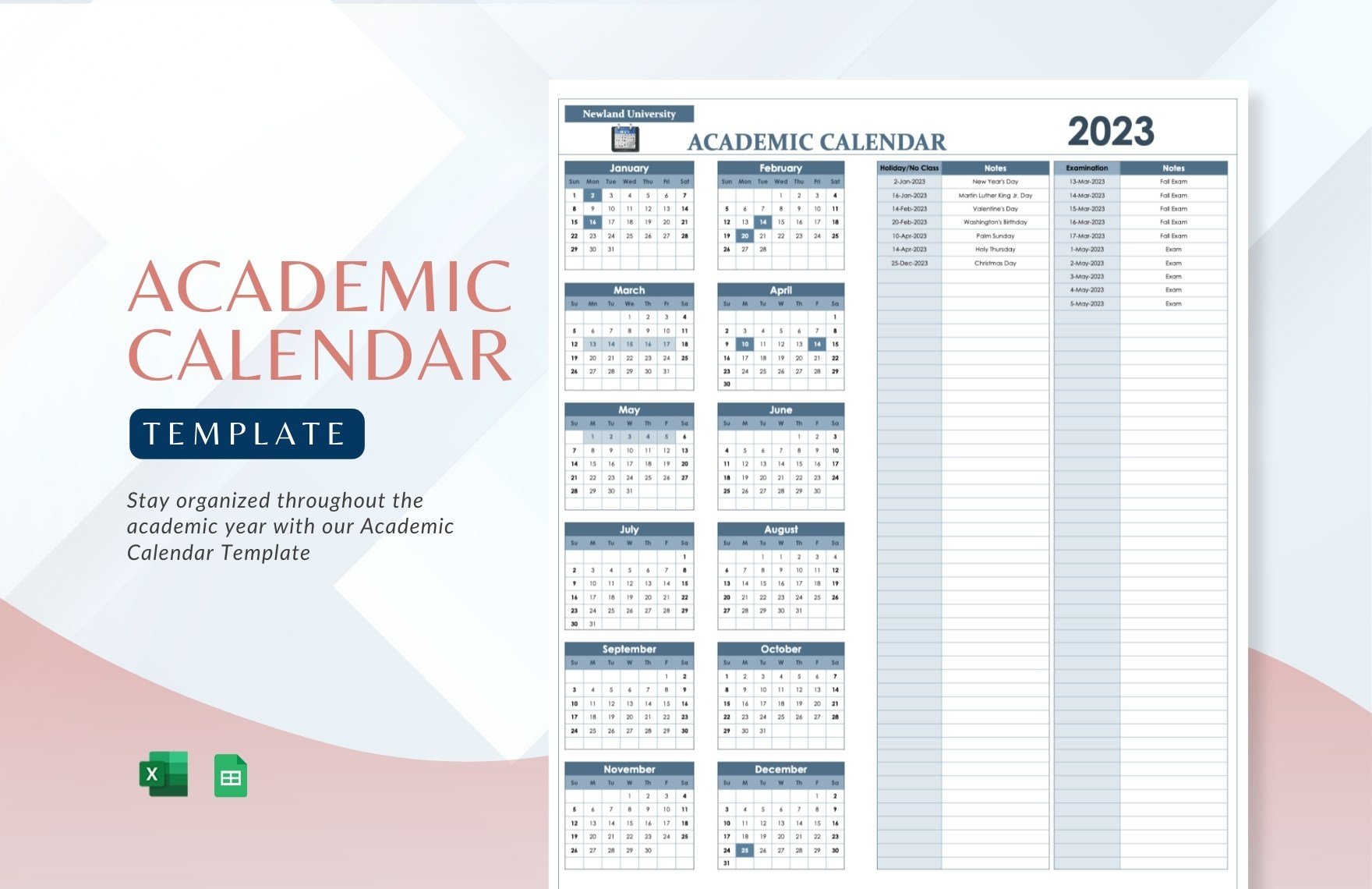 Free Academic Calendar in Excel, Google Sheets