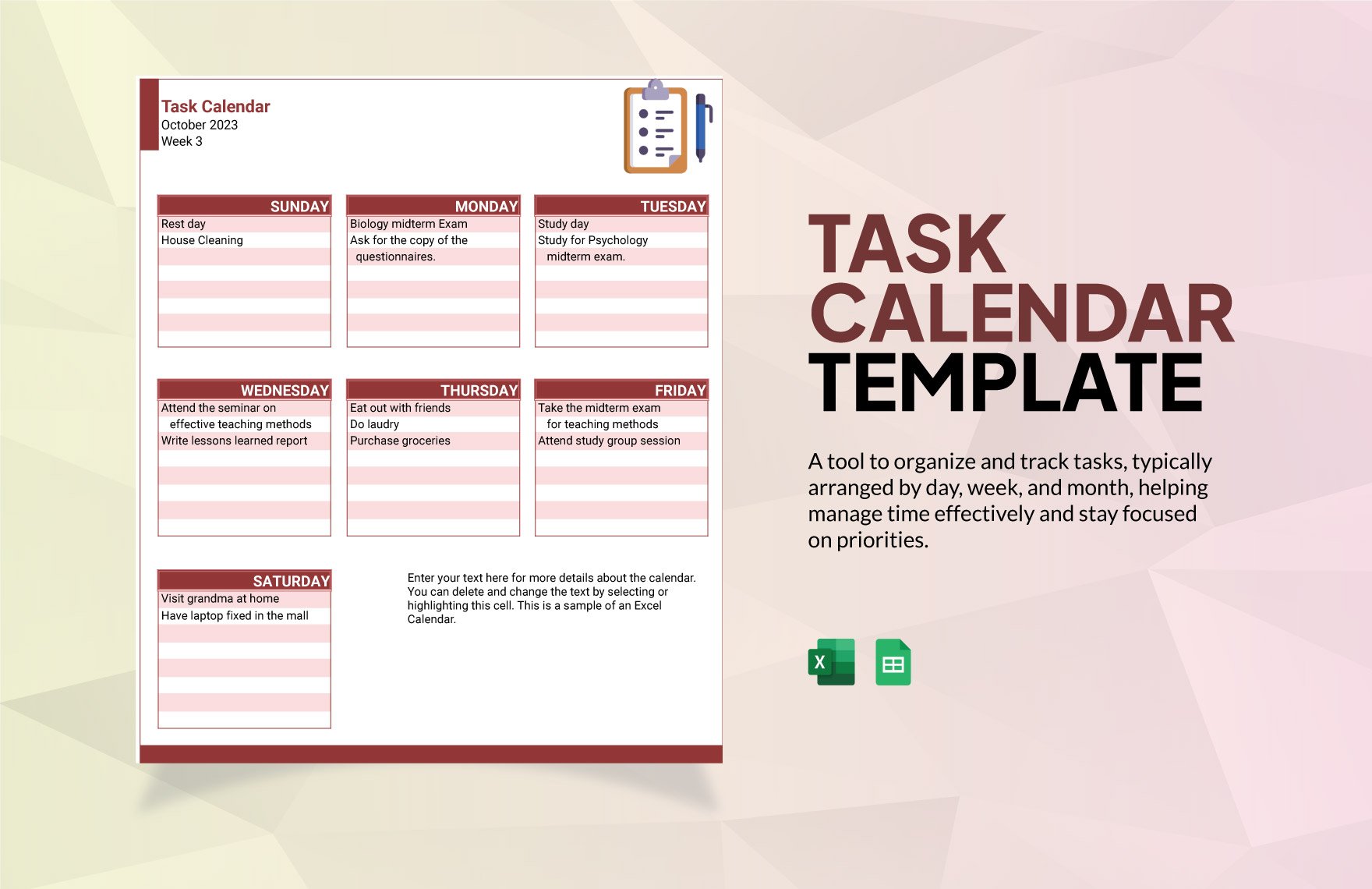 Task Calendar in Excel, Google Sheets