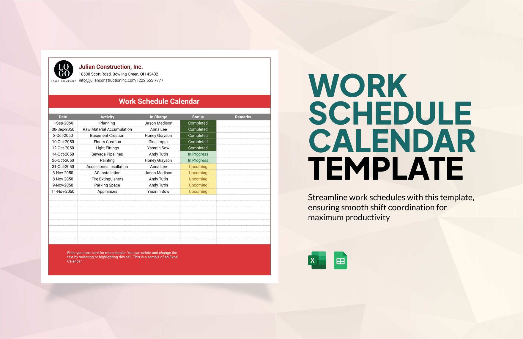 Free Work Schedule Calendar in Excel, Google Sheets