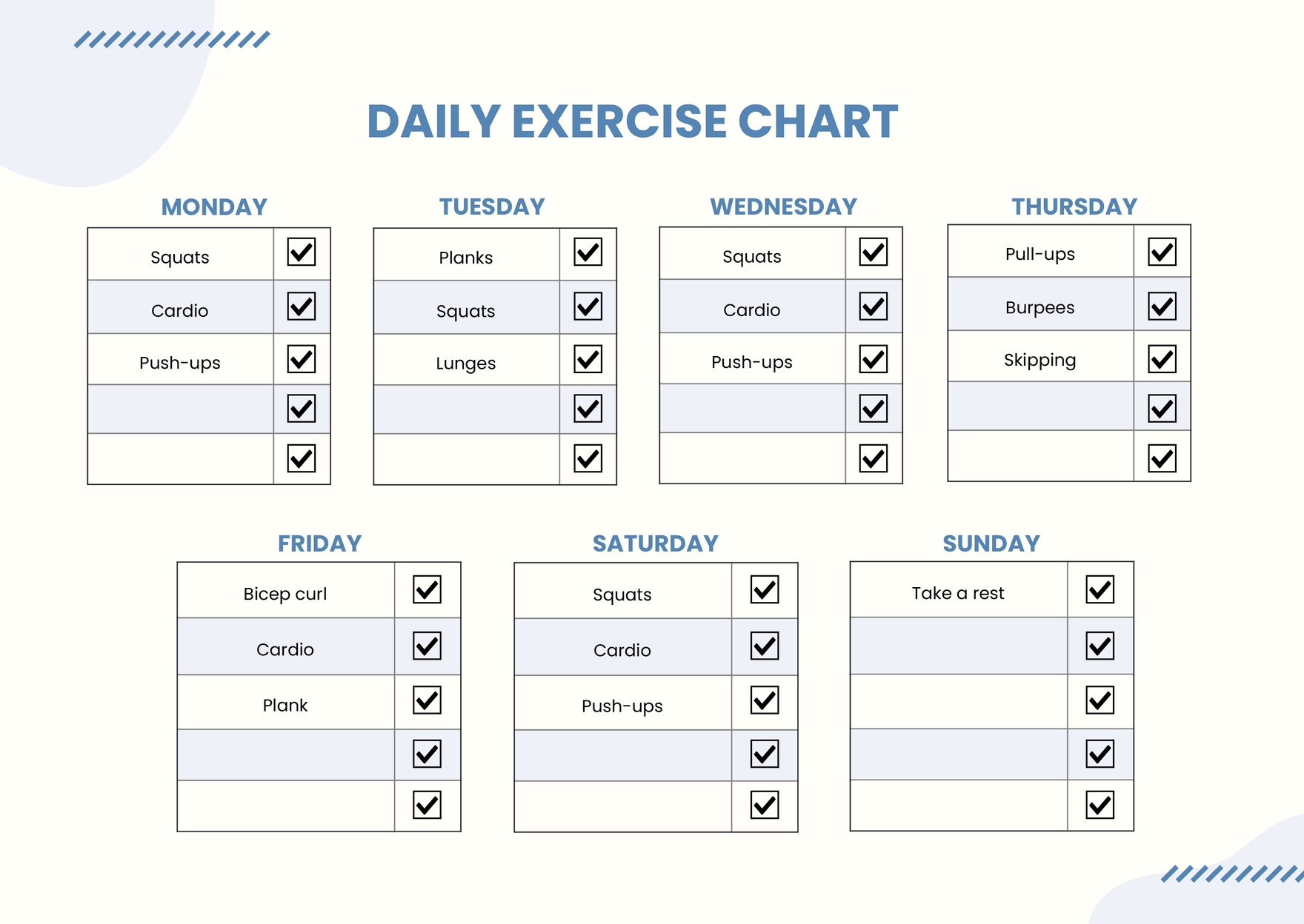 Free Exercise Chart - Printable Exercise Chart Template