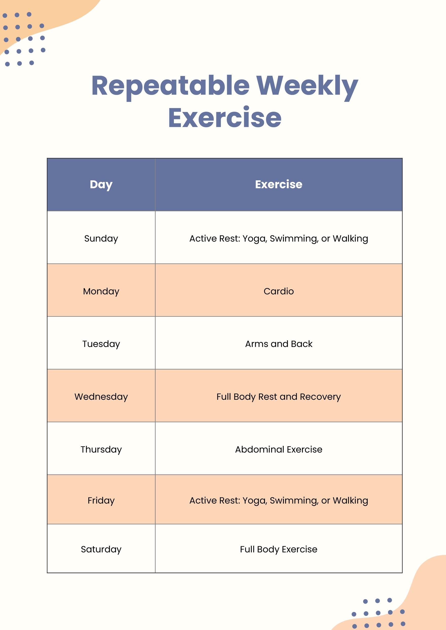 Weekly Exercise Chart in PDF, Illustrator