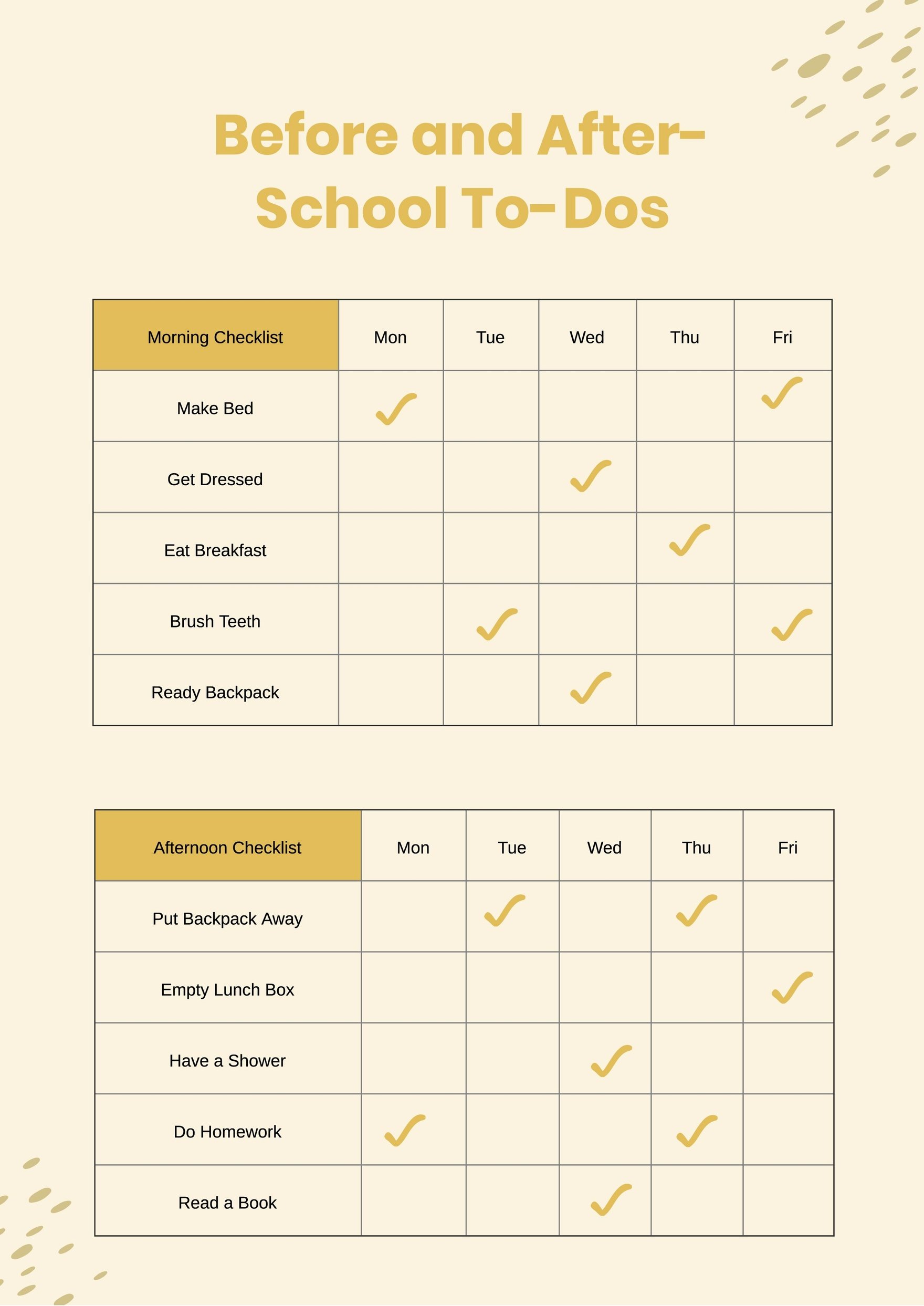 Kids Daily School Checklist Chart