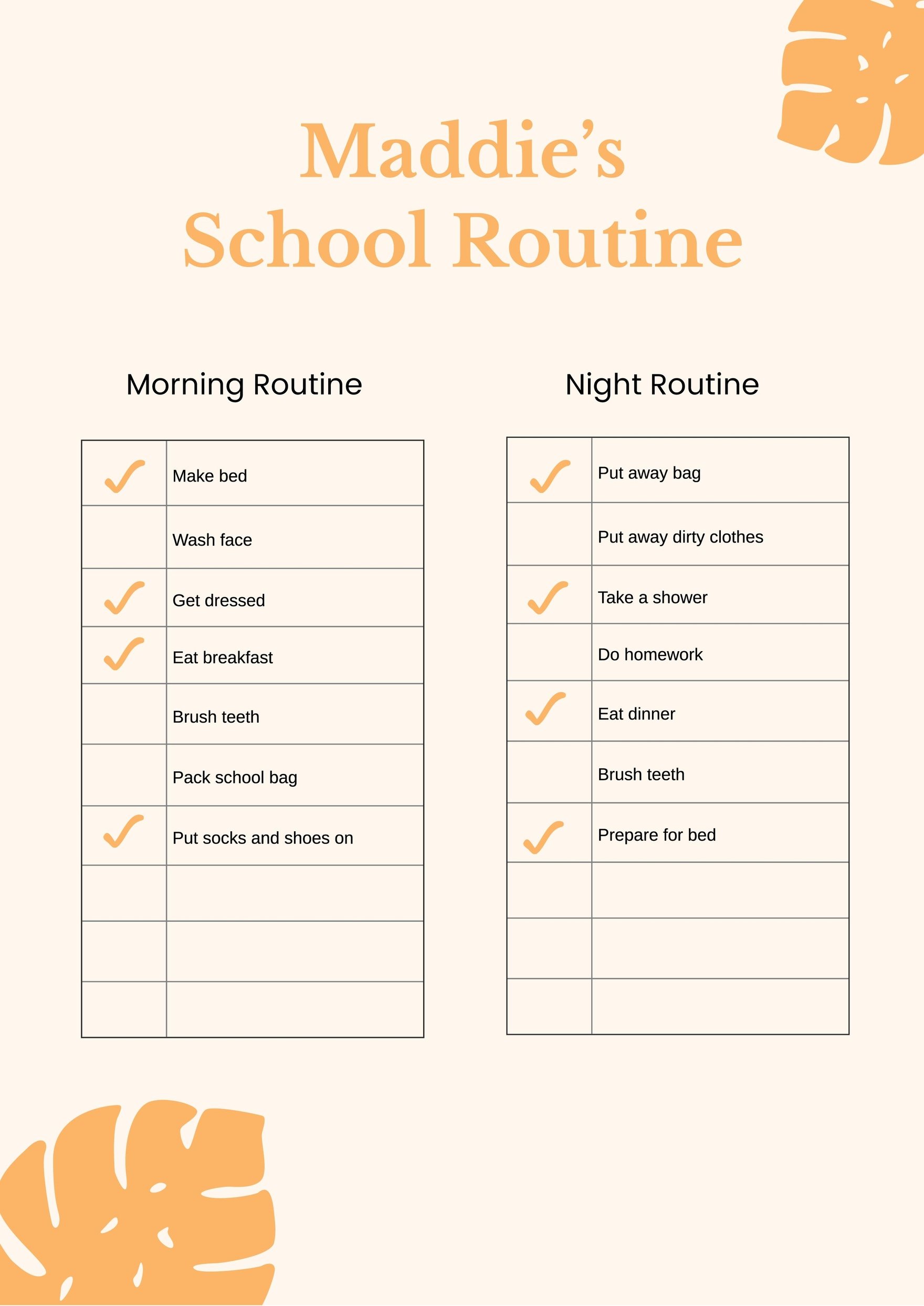 Day & Night School Routine Chart