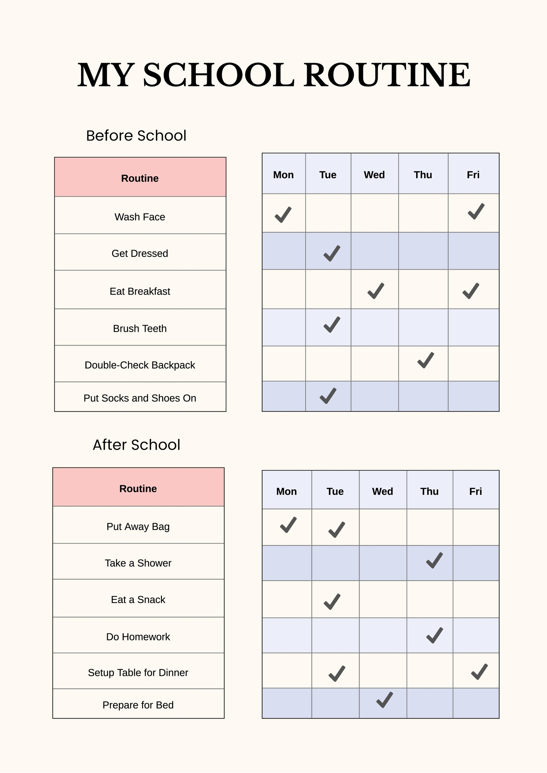 Before After School Routine Chart Illustrator PDF Template