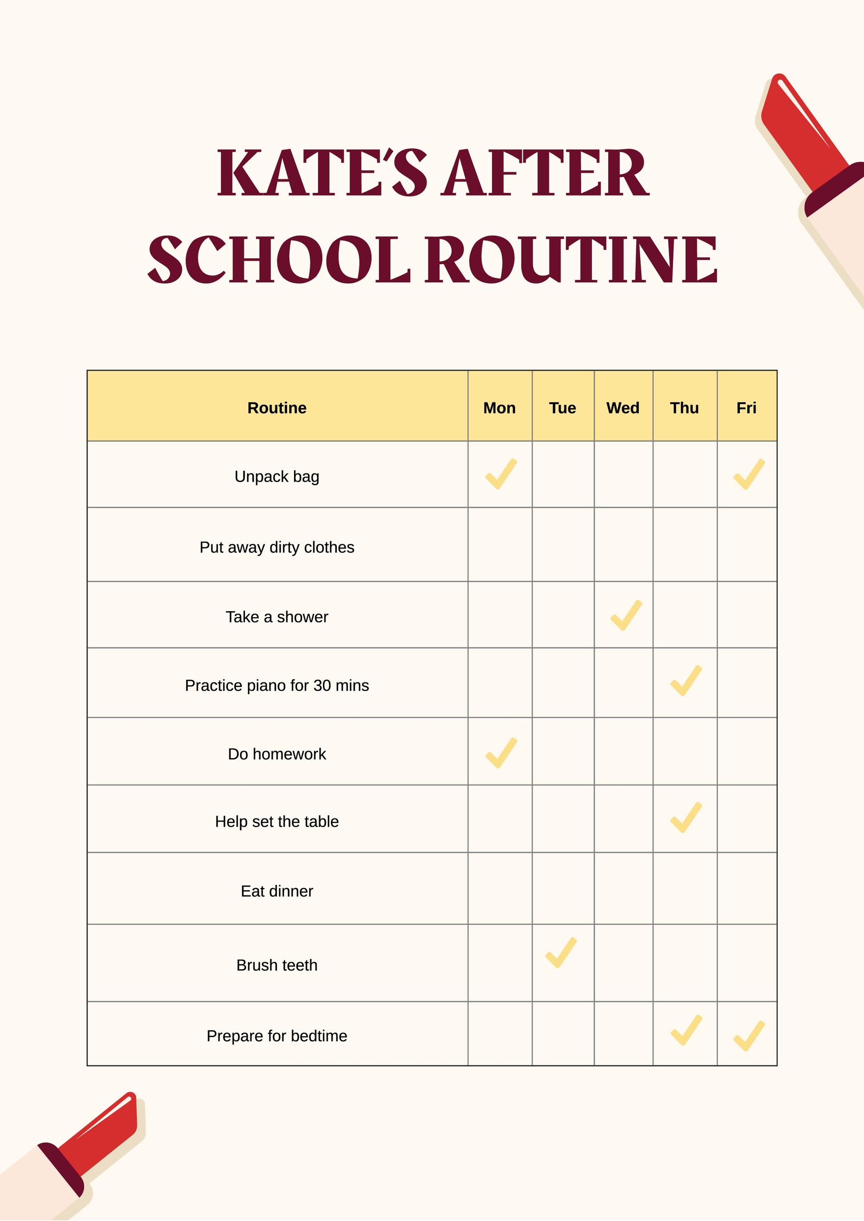 Kids After School Routine Chart