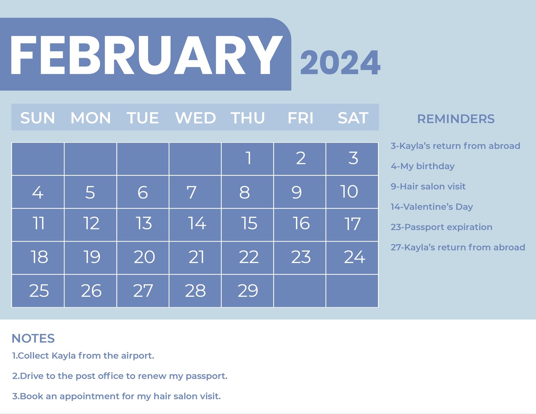 Blue February 2024 Calendar