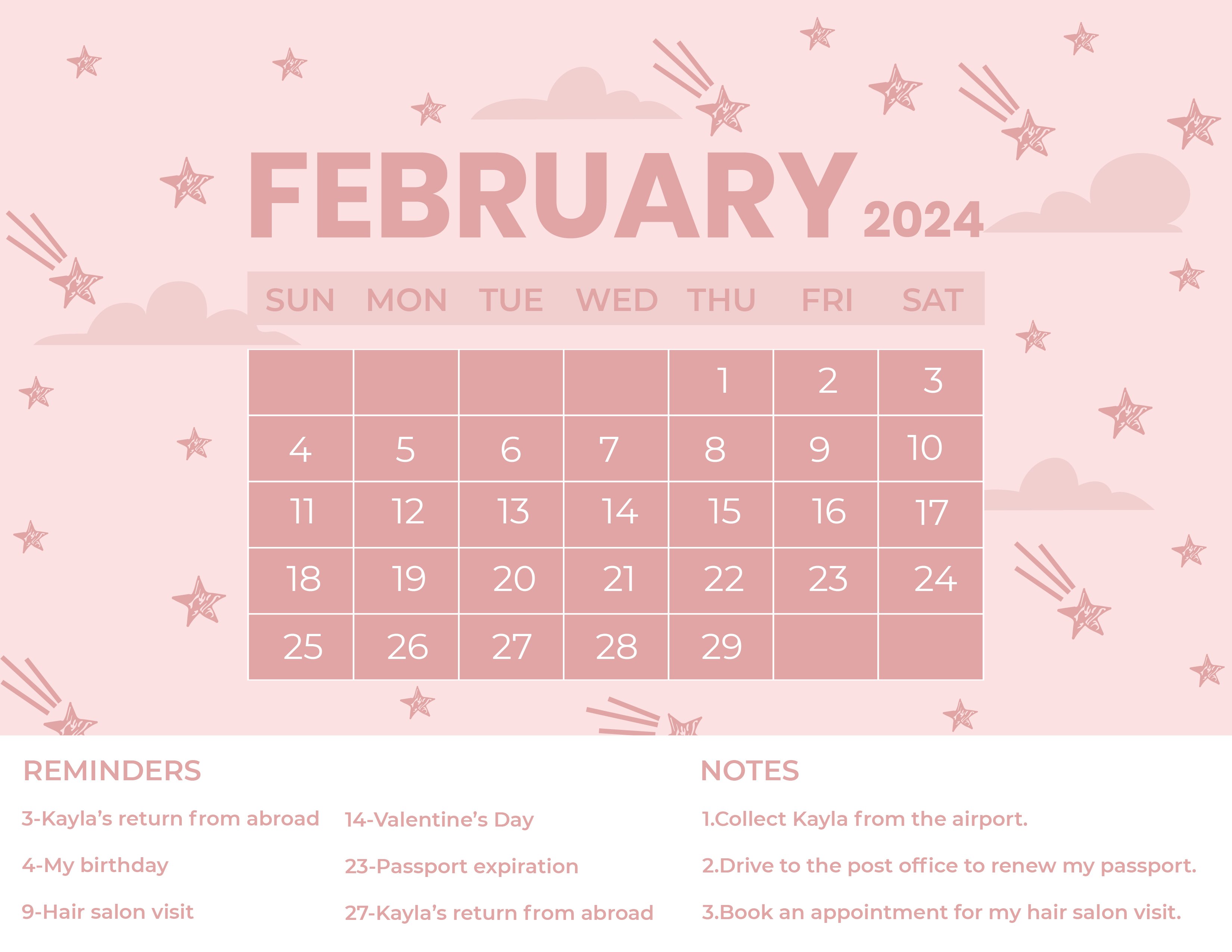 Printable February 2024 Monthly Calendar Download in Word