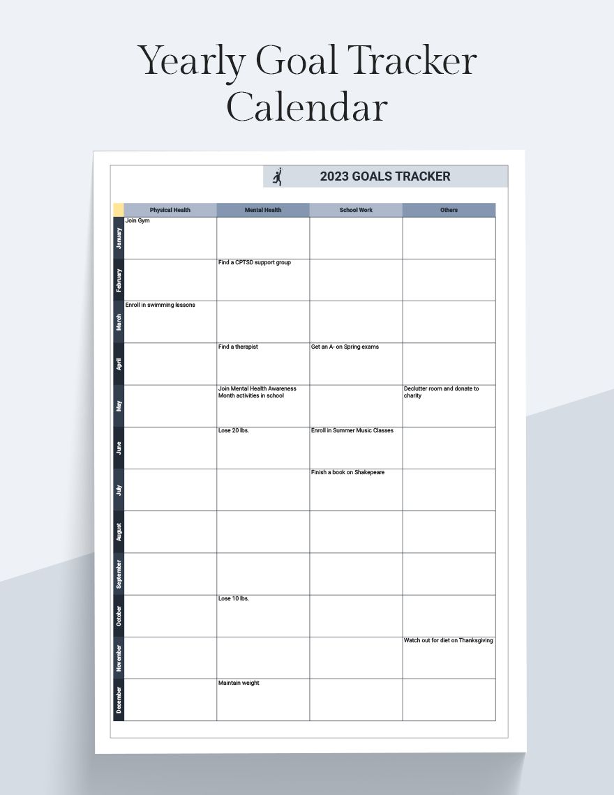 Yearly Goal Tracker Calendar Google Sheets, Excel