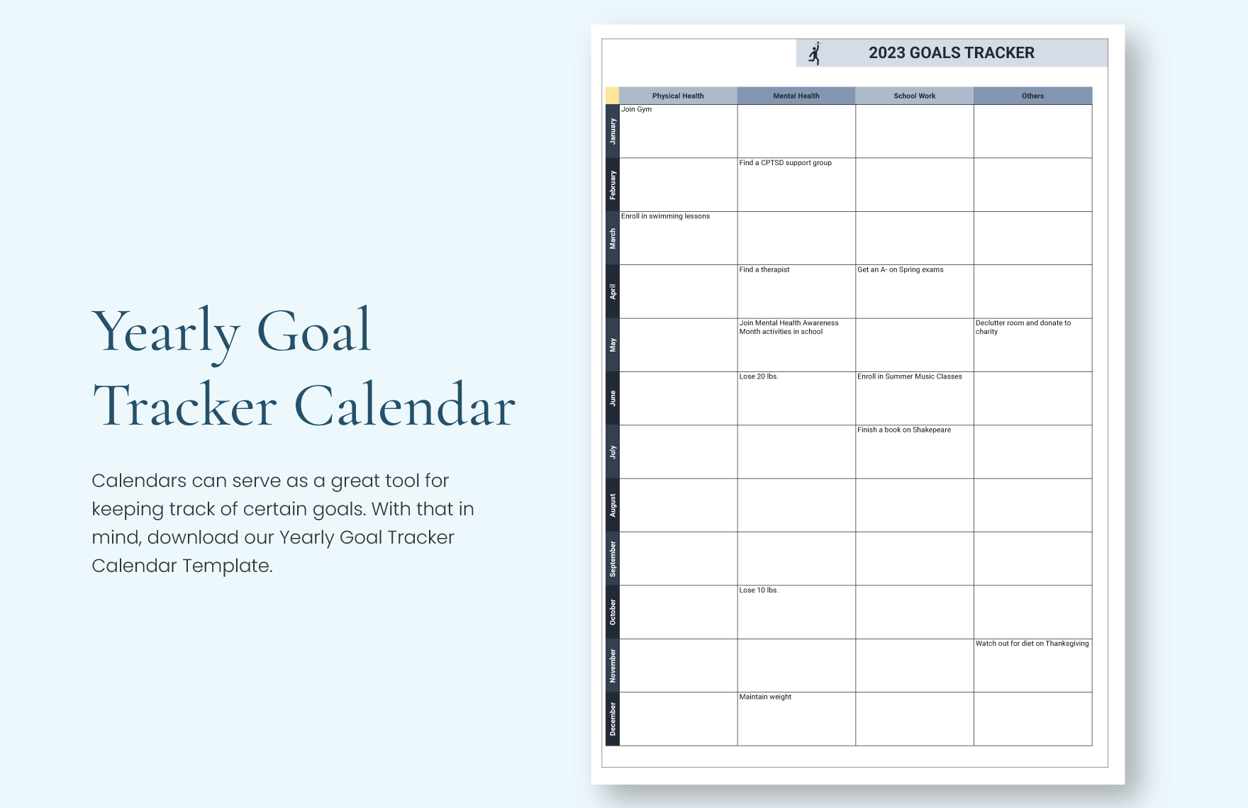 Yearly Goal Tracker Calendar Google Sheets, Excel