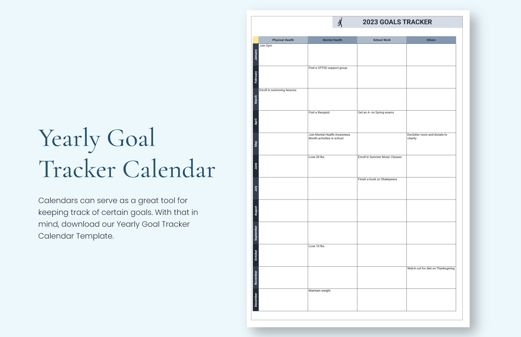 Yearly Goal Tracker Calendar Google Sheets Excel Template