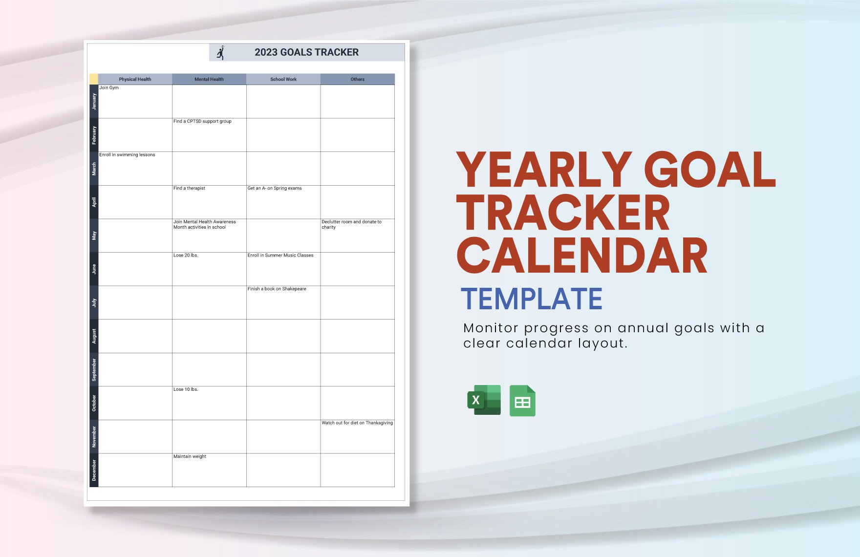 Yearly Goal Tracker Calendar in Excel, Google Sheets