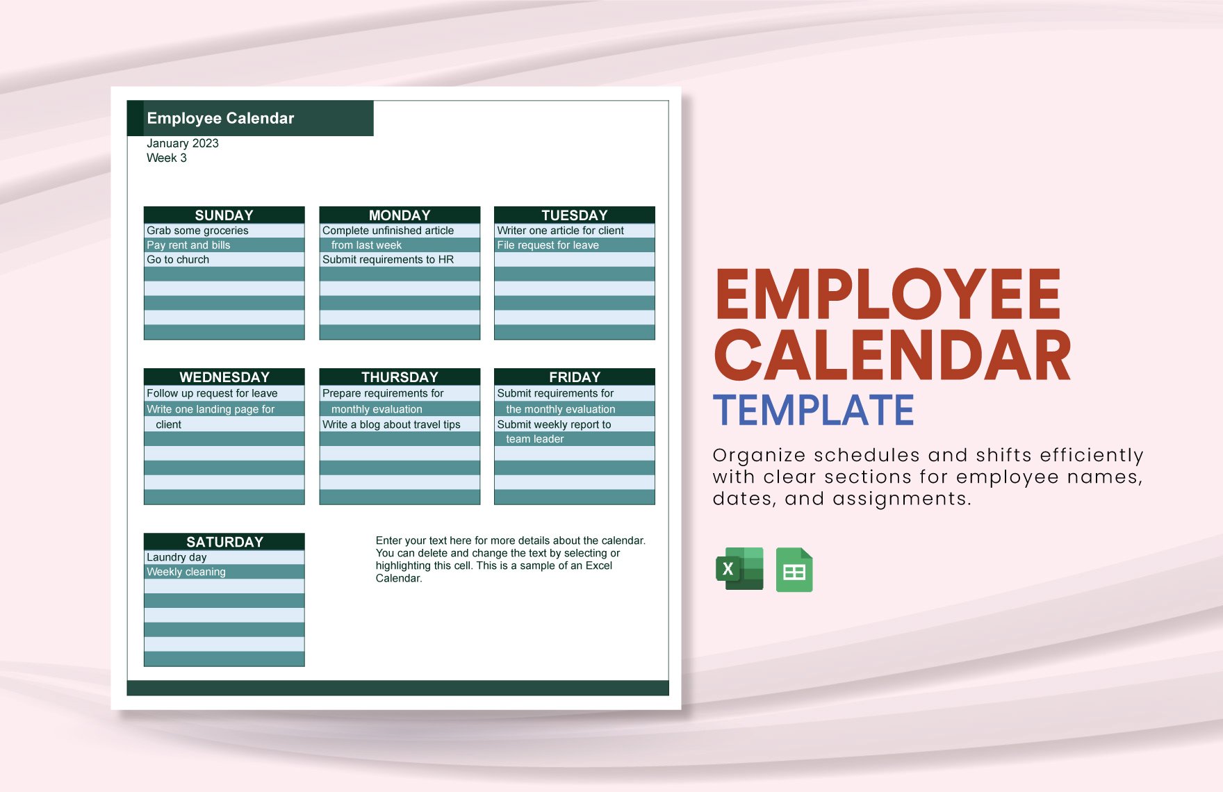 Employee Calendar in Excel, Google Sheets