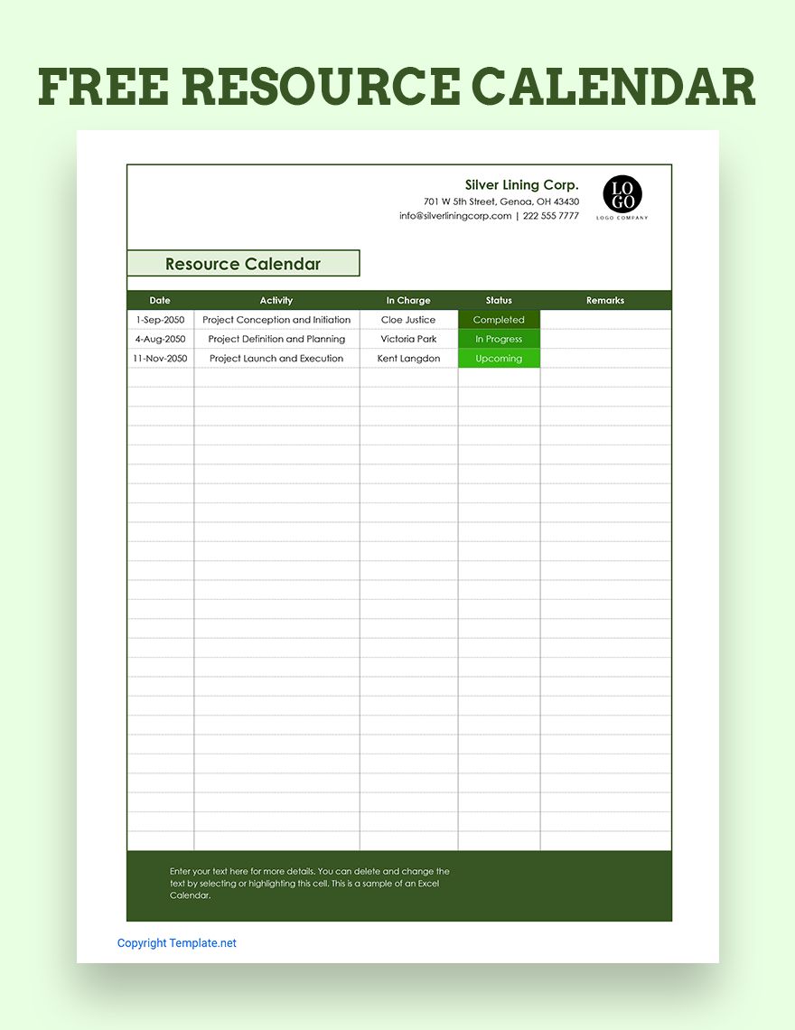 Free Resource Calendar Google Sheets, Excel