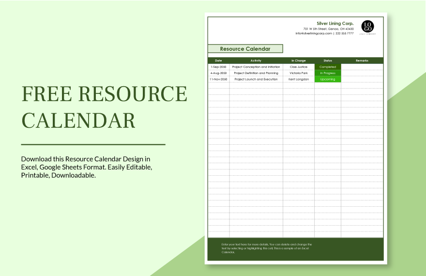 Free Resource Calendar Google Sheets, Excel