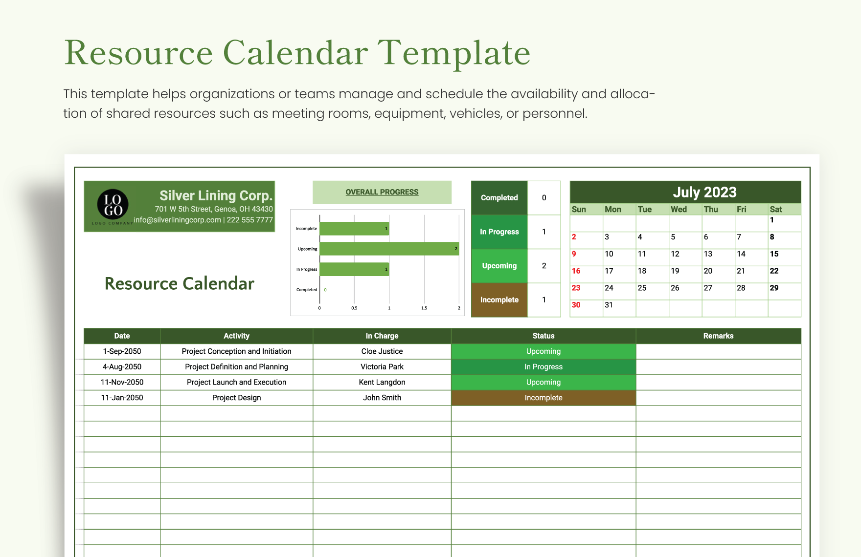 Resource Calendar Template