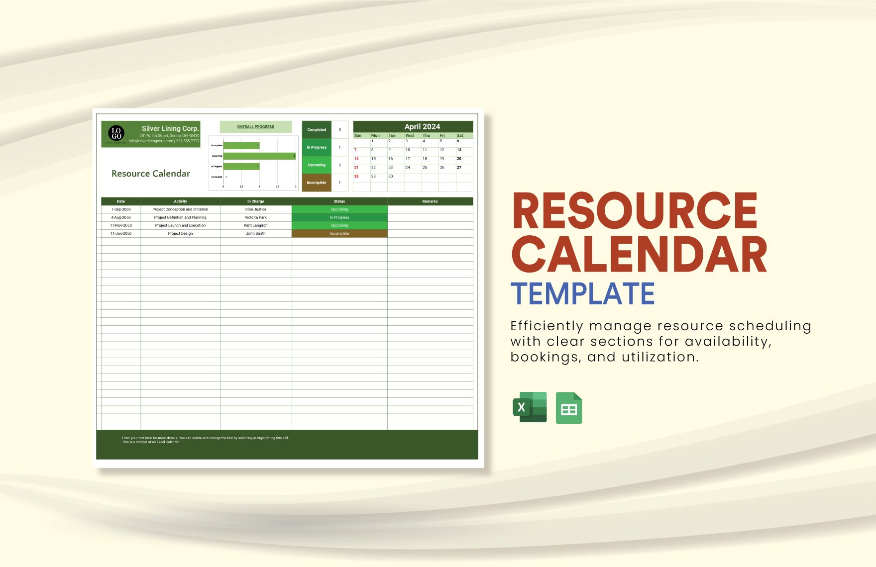 Resource Calendar Template in Excel, Google Sheets